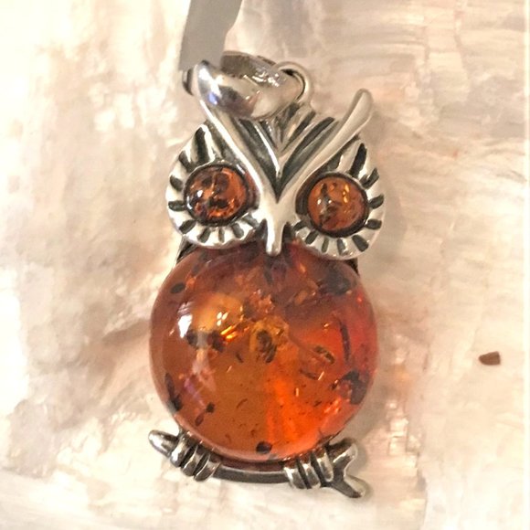 Baltic Amber Owl .925 Pendant Cognac Color Sterling Silver Genuine Large - Picture 12 of 14